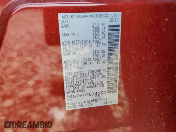 2018 Nissan Pathfinder S with VIN 5N1DR2MN7JC614550, listed as a Copart auction lot 60721215 with 135,189 mi miles and Salvage title. Bid and sale history available at DreamBid. Image 14.