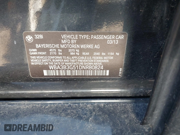 2013 BMW 3 Series 328i xDrive with VIN WBA3B3G51DNR80824, listed as a IAAI auction lot 41902080 with 90,777 mi miles and . Bid and sale history available at DreamBid. Image 9.