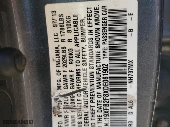 2013 Honda Civic Sdn EX with VIN 19XFB2F8XDE061902, listed as a Copart auction lot 43648855 with 170,546 mi miles and Salvage Title. Bid and sale history available at carsss.com. Image 13.