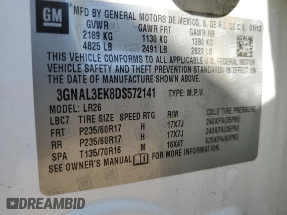 2013 Chevrolet Captiva Sport LT with VIN 3GNAL3EK8DS572141, listed as a Copart auction lot 73529754 with 148,106 mi miles and Salvage Title. Bid and sale history available at DreamBid. Image 13.