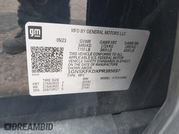 2023 Chevrolet Suburban Premier with VIN 1GNSKFKDXPR385697, listed as a IAAI auction lot 42601771 with 75,487 mi miles and . Bid and sale history available at DreamBid. Image 9.
