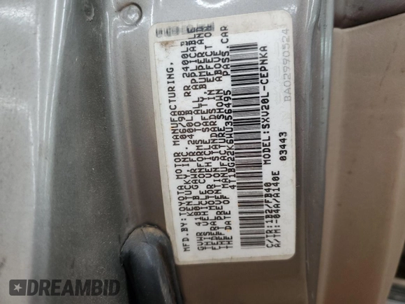 1998 Toyota Camry LE с VIN 4T1BG22K6WU356495, выставлен на аукционе Copart как лот 55639765 с пробегом Не указан миль и Списание • Salvage title. История ставок и продаж доступна на DreamBid. Изображение 12.