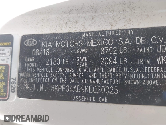 2019 Kia Forte S with VIN 3KPF34AD9KE020025, listed as a IAAI auction lot 41969844 with 123,887 mi miles and . Bid and sale history available at carsss.com. Image 9.