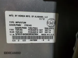 2013 Honda Pilot EX-L with VIN 5FNYF4H56DB502964, listed as a Copart auction lot 83614414 with Not Provided miles and Non Repairable. Bid and sale history available at DreamBid. Image 13.