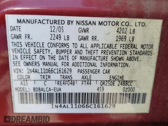 2006 Nissan Altima S with VIN 1N4AL11D66C161629, listed as a Copart auction lot 45572005 with Not provided miles and Salvage title. Bid and sale history available at DreamBid. Image 12.