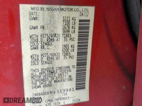 2012 Nissan Titan SV with VIN 1N6BA0EK4CN319941, listed as a Copart auction lot 43640705 with 210,885 mi miles and Salvage Title. Bid and sale history available at DreamBid. Image 12.