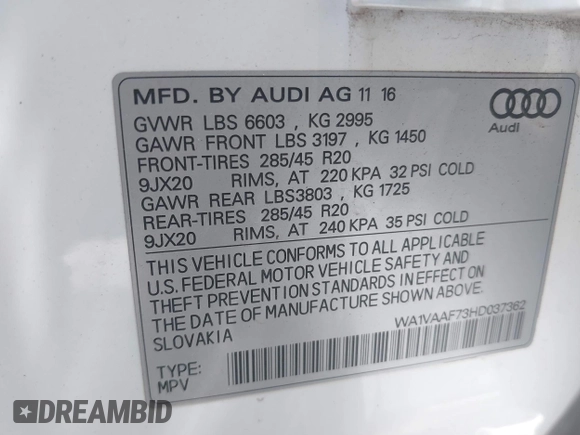 2017 Audi Q7 Prestige with VIN WA1VAAF73HD037362, listed as a IAAI auction lot 42423433 with 71,357 mi miles and . Bid and sale history available at DreamBid. Image 9.