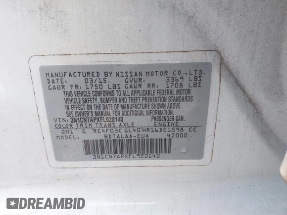 2015 Nissan Versa S Plus with VIN 3N1CN7APXFL920140, listed as a IAAI auction lot 41091541 with 185,899 mi miles and . Bid and sale history available at DreamBid. Image 9.