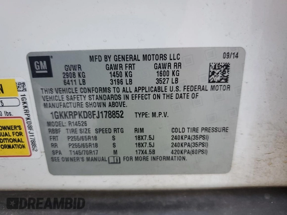 2015 GMC Acadia SLE with VIN 1GKKRPKD8FJ178852, listed as a Copart auction lot 46315435 with 216,254 mi miles and Salvage Title. Bid and sale history available at carsss.com. Image 14.