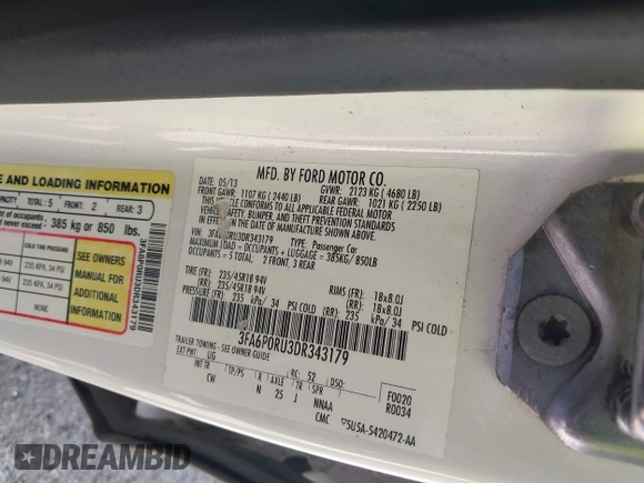 2013 Ford Fusion Titanium Hybrid with VIN 3FA6P0RU3DR343179, listed as a IAAI auction lot 41488267 with 268,872 mi miles. Bid and sale history available at carsss.com. Image 9.