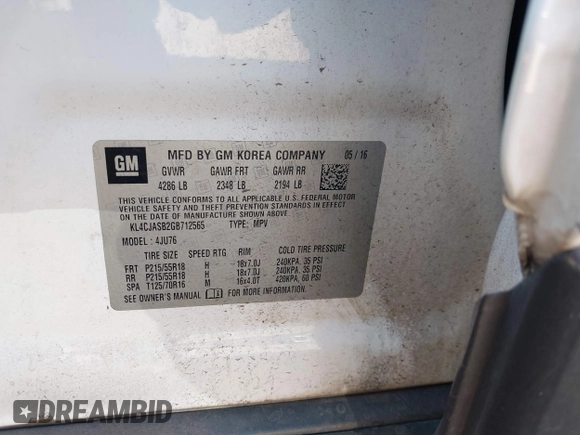 2016 Buick Encore with VIN KL4CJASB2GB712565, listed as a IAAI auction lot 40590890 with 184,612 mi miles and . Bid and sale history available at DreamBid. Image 9.