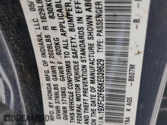 2019 Honda Civic LX with VIN 19XFC2F66KE039629, listed as a Copart auction lot 53804395 with 85,589 mi miles and Non Repairable. Bid and sale history available at DreamBid. Image 12.