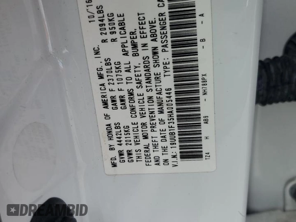 2017 Acura TLX with VIN 19UUB1F35HA005446, listed as a Copart auction lot 60146105 with 67,352 mi miles and Salvage title. Bid and sale history available at DreamBid. Image 12.