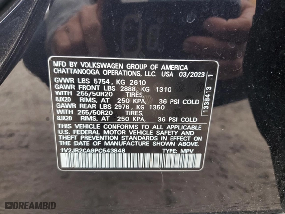 2023 Volkswagen Atlas 3.6L V6 SE w/Technology with VIN 1V2JR2CA9PC543848, listed as a Copart auction lot 79475924 with 21,612 mi miles and Salvage Title. Bid and sale history available at carsss.com. Image 15.