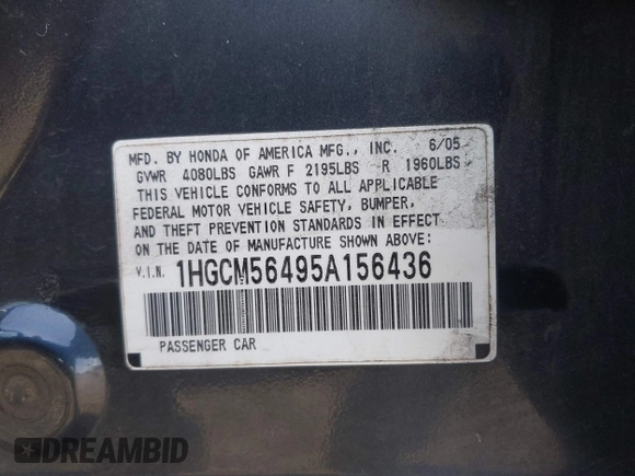2005 Honda Accord LX z VIN 1HGCM56495A156436, wystawiony jako IAAI lot #42100059 z przebiegiem 325 497 mil mil oraz . Historia ofert i sprzedaży dostępna na DreamBid. Obrazek 9.
