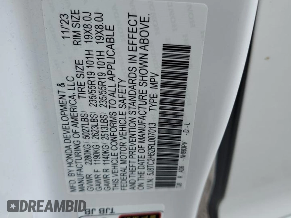2024 Acura RDX Technology with VIN 5J8TC2H52RL007013, listed as a Copart auction lot 55810825 with 33,050 mi miles and Salvage title. Bid and sale history available at DreamBid. Image 13.