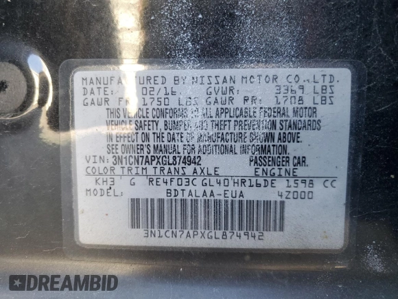 2016 Nissan Versa S with VIN 3N1CN7APXGL874942, listed as a Copart auction lot 53956435 with 148,321 mi miles and Salvage title. Bid and sale history available at DreamBid. Image 12.