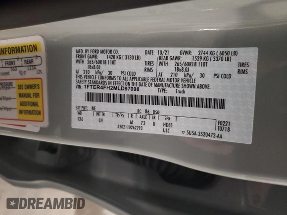 2021 Ford Ranger XL with VIN 1FTER4FH2MLD97098, listed as a Copart auction lot 56696975 with 21,565 mi miles and Salvage title. Bid and sale history available at DreamBid. Image 12.