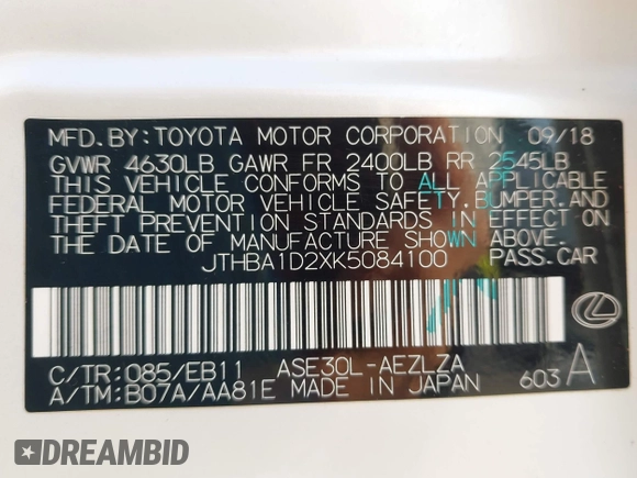 2019 Lexus IS 300 with VIN JTHBA1D2XK5084100, listed as a IAAI auction lot 42573969 with 52,781 mi miles and . Bid and sale history available at DreamBid. Image 9.