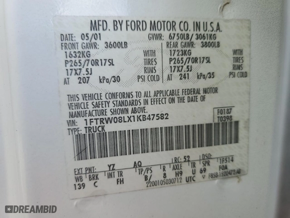 2001 Ford F-150 SuperCrew XLT with VIN 1FTRW08LX1KB47582, listed as a Copart auction lot 49657905 with 207,735 mi miles and Salvage Title. Bid and sale history available at carsss.com. Image 15.