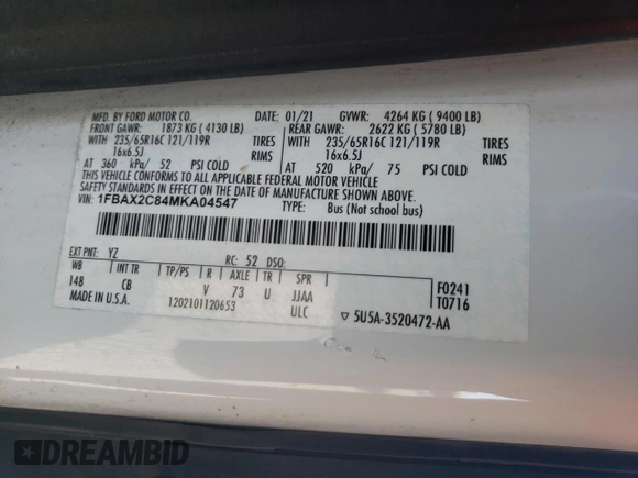 2021 Ford Transit Passenger XL with VIN 1FBAX2C84MKA04547, listed as a Copart auction lot 72682074 with 87,077 mi miles and Salvage Title. Bid and sale history available at DreamBid. Image 14.