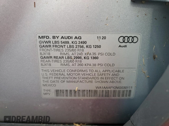 2021 Audi Q5 Premium with VIN WA1AAAFY2M2030111, listed as a Copart auction lot 62169672 with 0 mi miles. Bid and sale history available at carsss.com. Image 10.