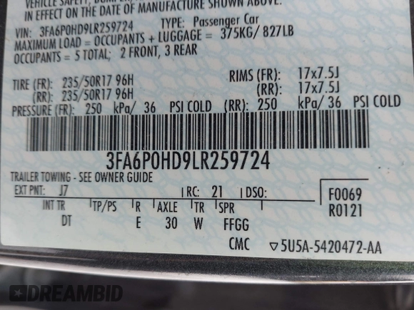 2020 Ford Fusion SE with VIN 3FA6P0HD9LR259724, listed as a IAAI auction lot 42663308 with 103,796 mi miles and . Bid and sale history available at DreamBid. Image 9.