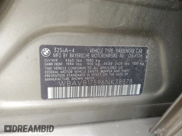 2006 BMW 3 Series 325i with VIN WBAVB17596NK38378, listed as a Copart auction lot 71792814 with 112,745 mi miles and Salvage Title. Bid and sale history available at carsss.com. Image 12.
