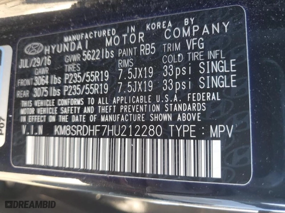 2017 Hyundai Santa Fe Limited Ultimate with VIN KM8SRDHF7HU212280, listed as a Copart auction lot 47893925 with 146,962 mi miles and Salvage Title. Bid and sale history available at carsss.com. Image 14.