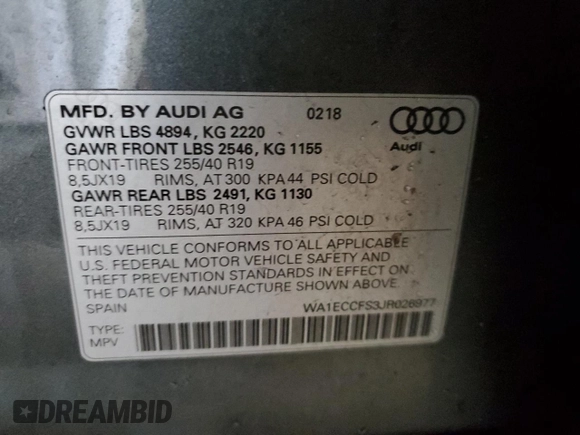 2018 Audi Q3 Premium with VIN WA1ECCFS3JR026977, listed as a Copart auction lot 44118955 with 94,373 mi miles and Salvage title. Bid and sale history available at DreamBid. Image 13.