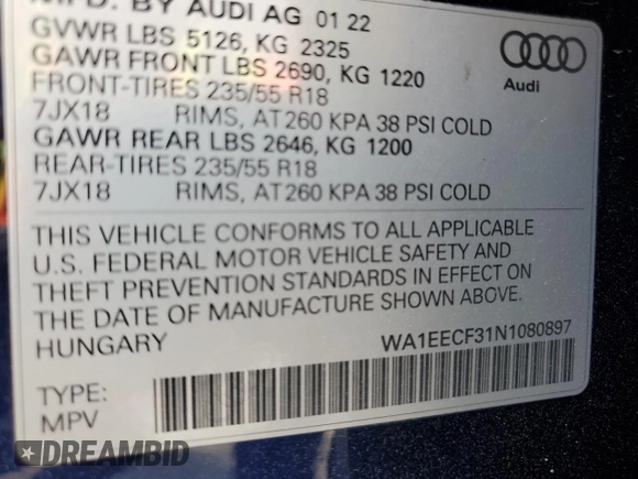2022 Audi Q3 S line Premium Plus with VIN WA1EECF31N1080897, listed as a Copart auction lot 57252625 with 24,338 mi miles and Salvage title. Bid and sale history available at DreamBid. Image 13.