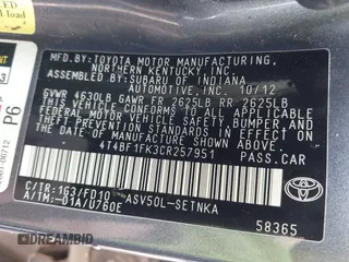 2012 Toyota Camry L with VIN 4T4BF1FK3CR257951, listed as a IAAI auction lot 41806138 with 203,109 mi miles. Bid and sale history available at carsss.com. Image 9.