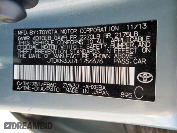 2014 Toyota Prius Four with VIN JTDKN3DU7E1756676, listed as a Copart auction lot 52323465 with 95,090 mi miles and Salvage Title. Bid and sale history available at DreamBid. Image 12.