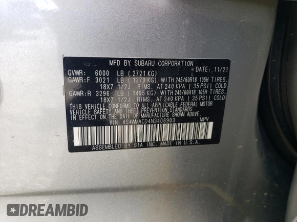 2022 Subaru Ascent Premium with VIN 4S4WMACD4N3406903, listed as a Copart auction lot 45509215 with 29,514 mi miles and Salvage title. Bid and sale history available at DreamBid. Image 13.