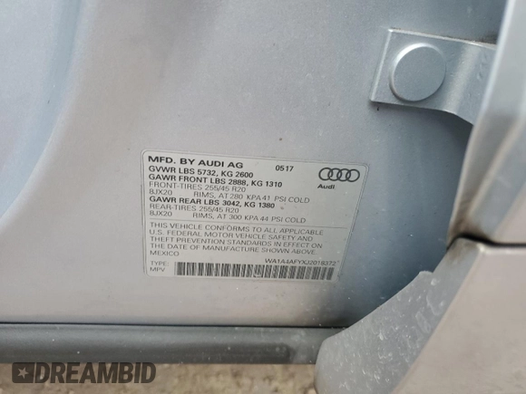 2018 Audi SQ5 Premium Plus with VIN WA1A4AFYXJ2018372, listed as a Copart auction lot 76720514 with 78,248 mi miles and Salvage Title. Bid and sale history available at DreamBid. Image 13.
