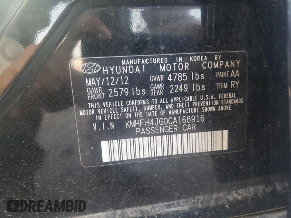 2012 Hyundai Azera with VIN KMHFH4JG0CA168916, listed as a Copart auction lot 53183675 with 227,570 mi miles and Clean title. Bid and sale history available at DreamBid. Image 13.