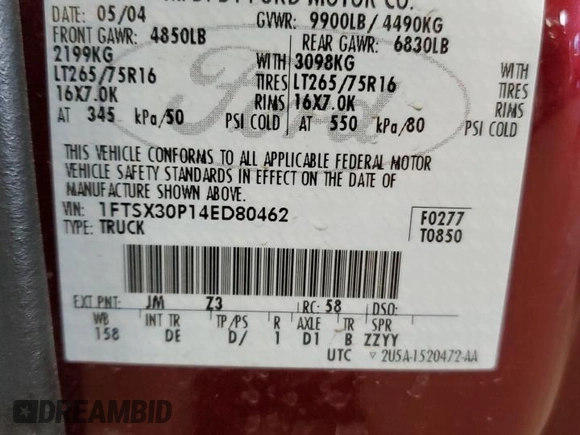 2004 Ford F-350 XL with VIN 1FTSX30P14ED80462, listed as a Copart auction lot 59685085 with Not provided miles and Salvage title. Bid and sale history available at DreamBid. Image 13.