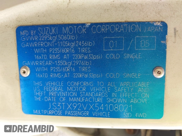 2005 Suzuki XL7 LX with VIN JS3TX92VX54108021, listed as a IAAI auction lot 42250329 with 152,013 mi miles and . Bid and sale history available at DreamBid. Image 9.