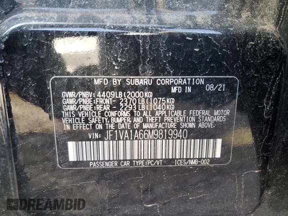 2021 Subaru WRX with VIN JF1VA1A66M9819940, listed as a Copart auction lot 46266955 with 23,908 mi miles and Salvage Title. Bid and sale history available at carsss.com. Image 12.