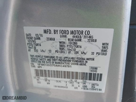 2010 Ford Escape XLT with VIN 1FMCU0D70AKC49781, listed as a IAAI auction lot 41916765 with 1 mi miles. Bid and sale history available at carsss.com. Image 9.