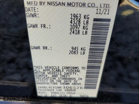2022 Nissan Altima SR with VIN 1N4BL4CV1NN306526, listed as a Copart auction lot 41703665 with 72,969 mi miles and Salvage Title. Bid and sale history available at DreamBid. Image 15.