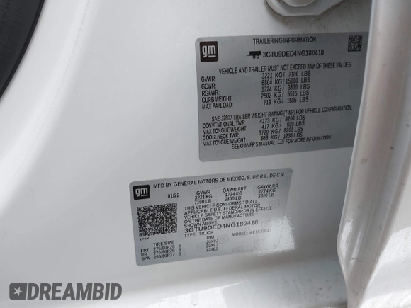 2022 GMC Sierra 1500 SLT z VIN 3GTU9DED4NG180418, wystawiony jako IAAI lot #41464247 z przebiegiem 38 780 mil mil oraz . Historia ofert i sprzedaży dostępna na DreamBid. Obrazek 9.