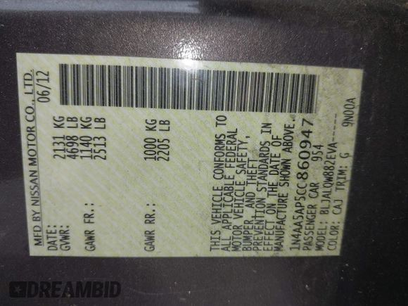 2012 Nissan Maxima S with VIN 1N4AA5AP5CC860947, listed as a IAAI auction lot 42496871 with Not provided miles and . Bid and sale history available at DreamBid. Image 9.