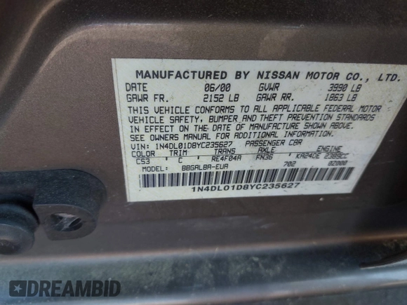 2000 Nissan Altima XE with VIN 1N4DL01D8YC235627, listed as a IAAI auction lot 41662564 with 79,409 mi miles and . Bid and sale history available at DreamBid. Image 9.