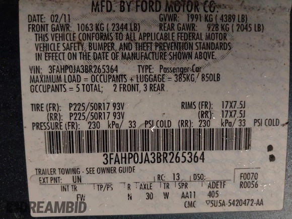 2011 Ford Fusion SEL with VIN 3FAHP0JA3BR265364, listed as a IAAI auction lot 42201329 with 126,000 mi miles. Bid and sale history available at carsss.com. Image 9.