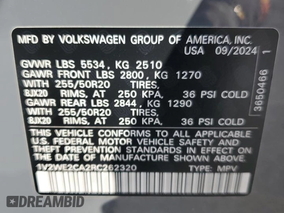2024 Volkswagen Atlas SE z VIN 1V2WE2CA2RC262320, wystawiony jako Copart lot #57114235 z przebiegiem 5 513 mil mil oraz Szkoda całkowita • Salvage title. Historia ofert i sprzedaży dostępna na DreamBid. Obrazek 13.