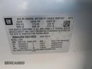 2016 Chevrolet Equinox LT with VIN 2GNALCEK1G6319553, listed as a Copart auction lot 47806615 with 120,815 mi miles and Salvage Title. Bid and sale history available at carsss.com. Image 13.
