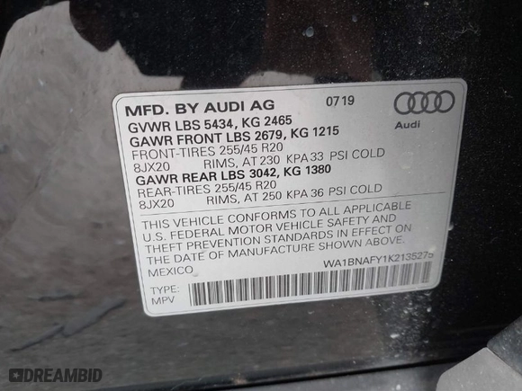 2019 Audi Q5 Premium Plus with VIN WA1BNAFY1K2135275, listed as a IAAI auction lot 41441438 with 50,657 mi miles. Bid and sale history available at carsss.com. Image 9.