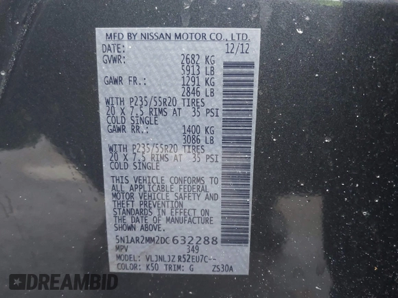 2013 Nissan Pathfinder SL with VIN 5N1AR2MM2DC632288, listed as a IAAI auction lot 41499281 with 120,182 mi miles and . Bid and sale history available at DreamBid. Image 9.