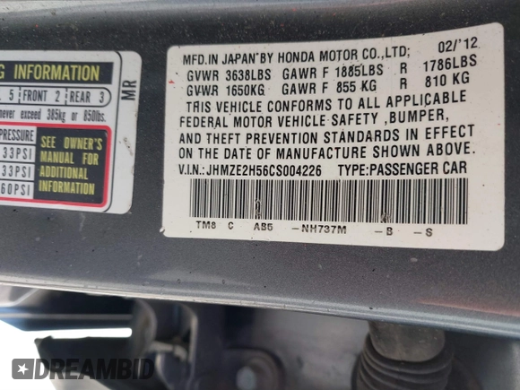 2012 Honda Insight LX with VIN JHMZE2H56CS004226, listed as a IAAI auction lot 41705401 with 131,761 mi miles and . Bid and sale history available at DreamBid. Image 9.